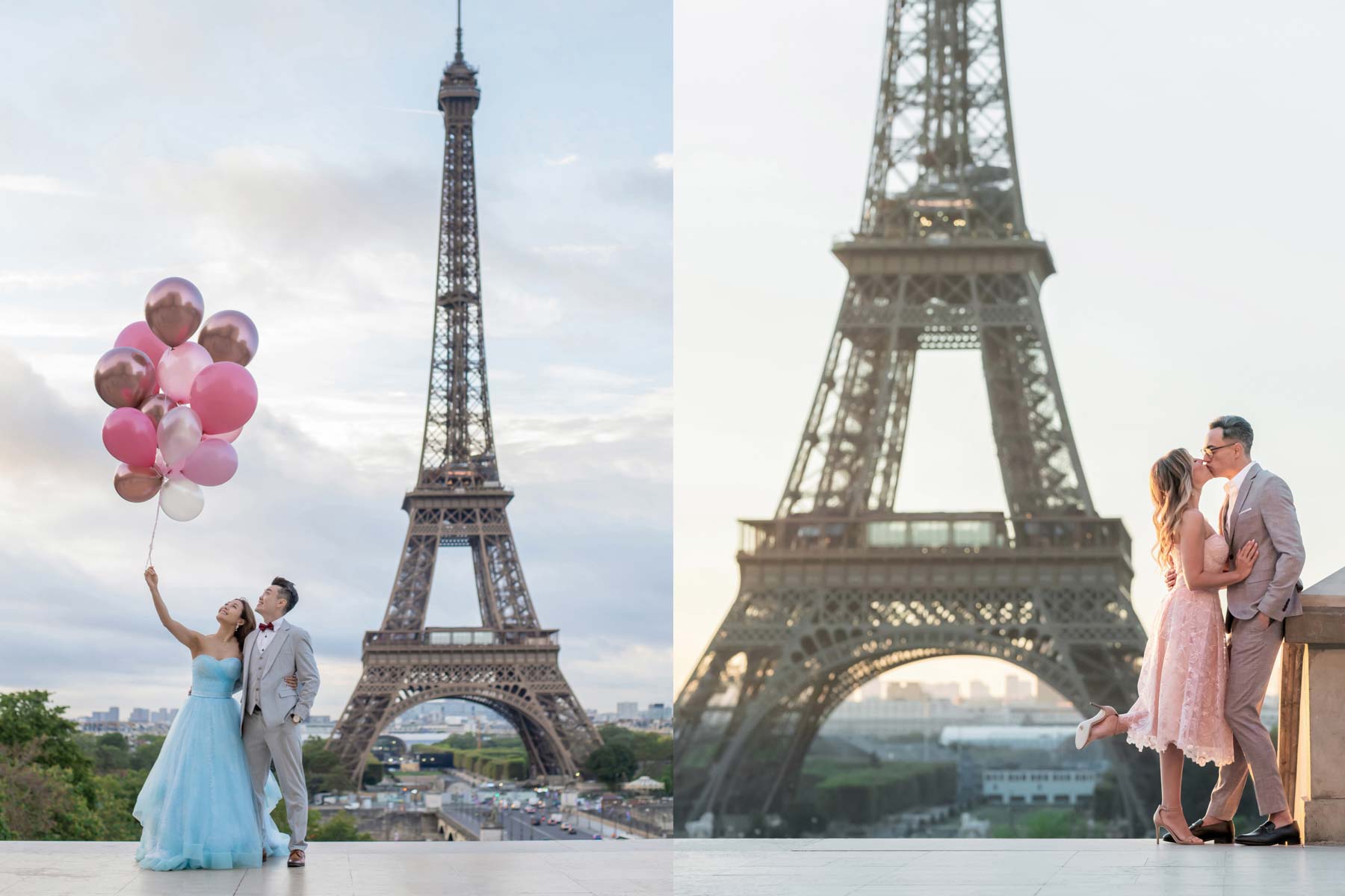 Photo of the Eiffel Tower couple with balloons