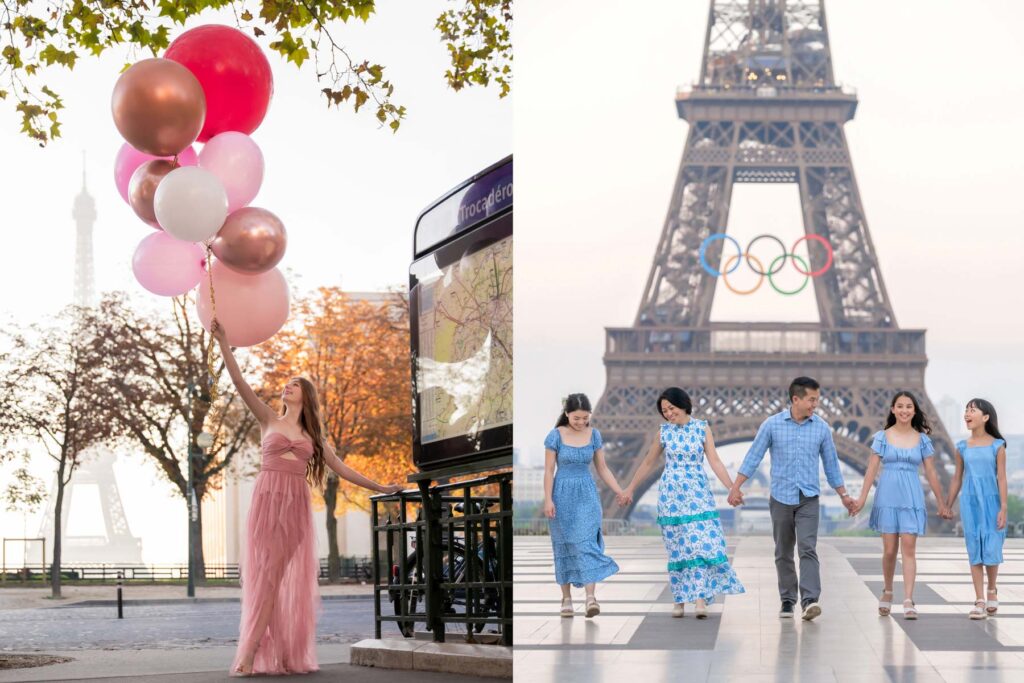 A lady with balloons and a family with Eiffel Tower