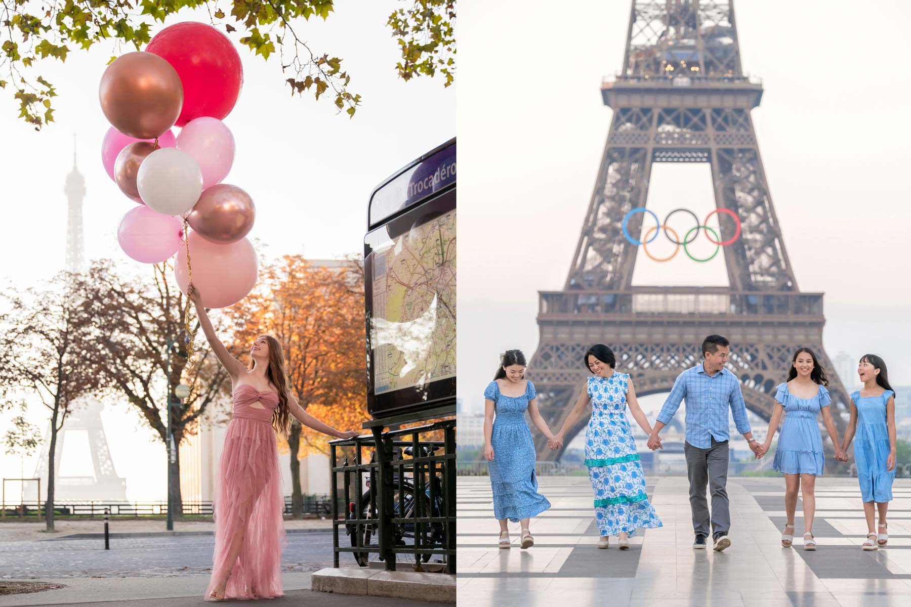 A lady with balloons and a family with Eiffel Tower