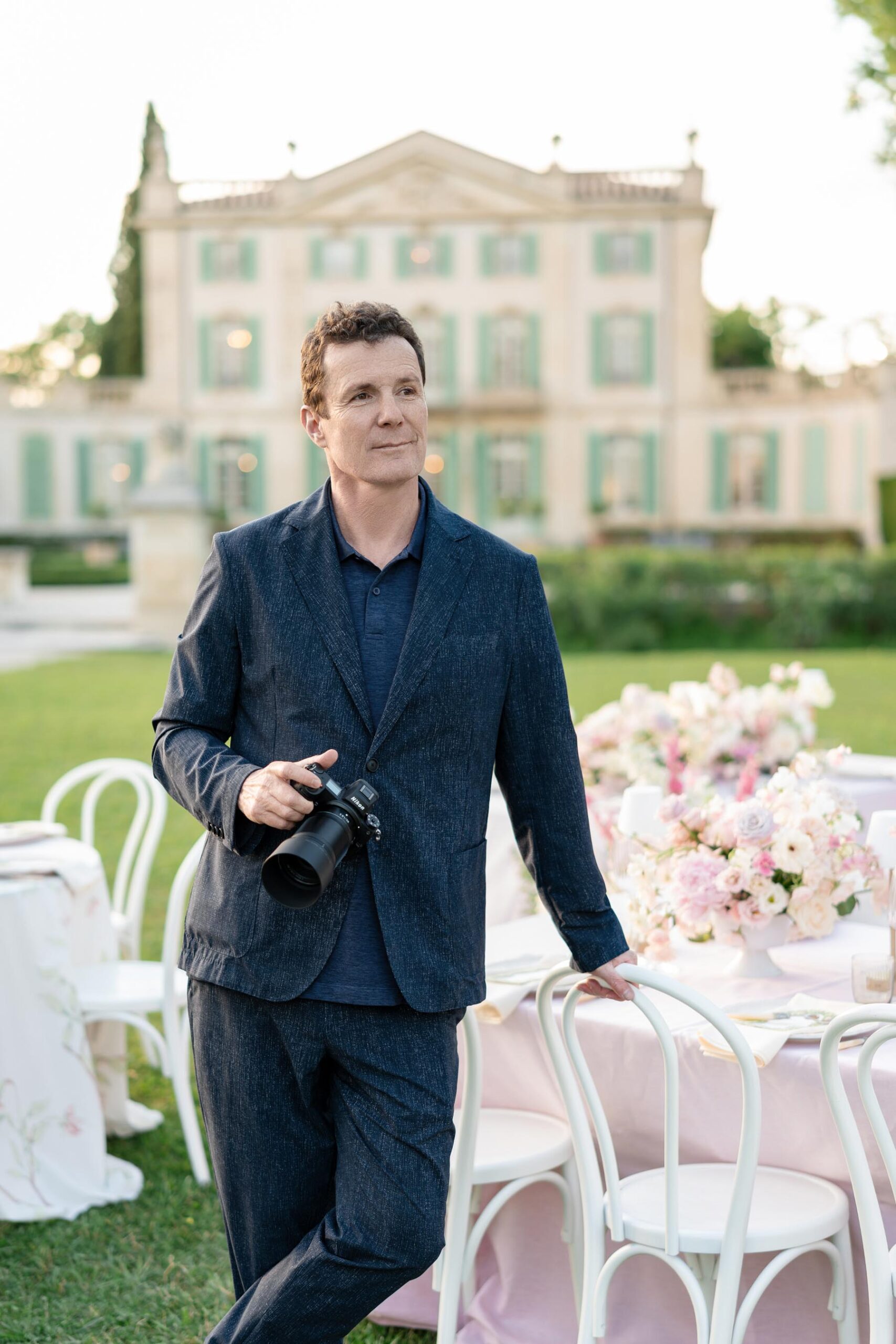 Portrait of Paris photographer Pierre Sattin during wedding at Château de Tourreau South of France