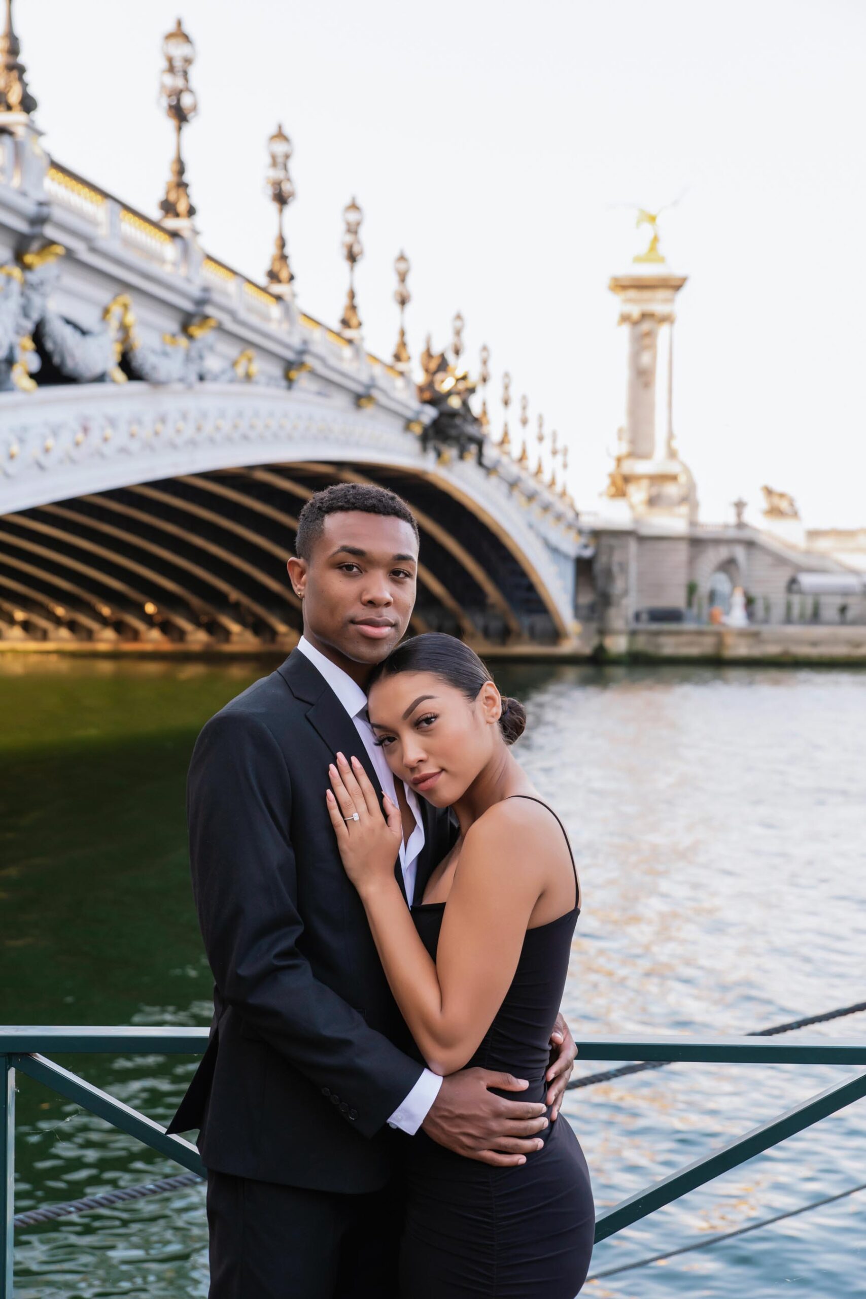 Couple portrait at Alexander III bridge during Paris proposal photoshoot